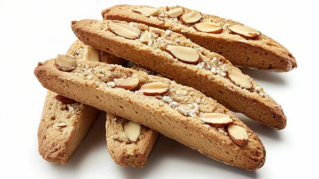 A stack of crispy almond biscotti sticks on a clean white background, ideal for food and bakery uses