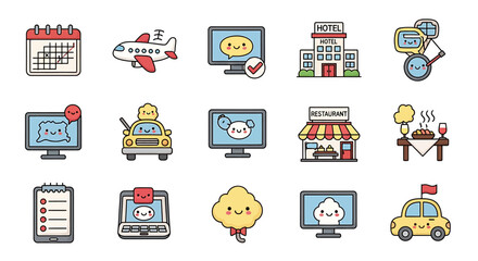 Vector icons Set of  Cute Cartoon Icons of Travel Food and Technology. Vector Illustrations