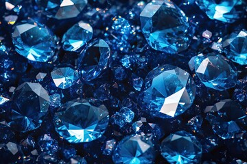 Close-up view of many faceted blue gemstones