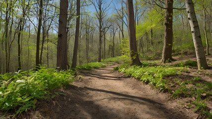 Fototapeta premium A remote forest trail during early spring, with fresh greenery, birds in the sky, and a gentle breeze stirring the leaves