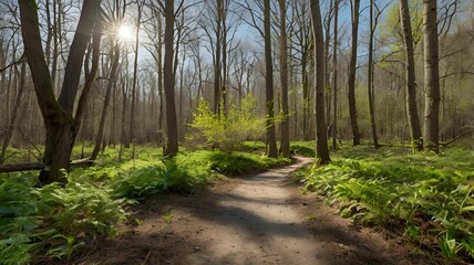 Obraz premium A remote forest trail during early spring, with fresh greenery, birds in the sky, and a gentle breeze stirring the leaves