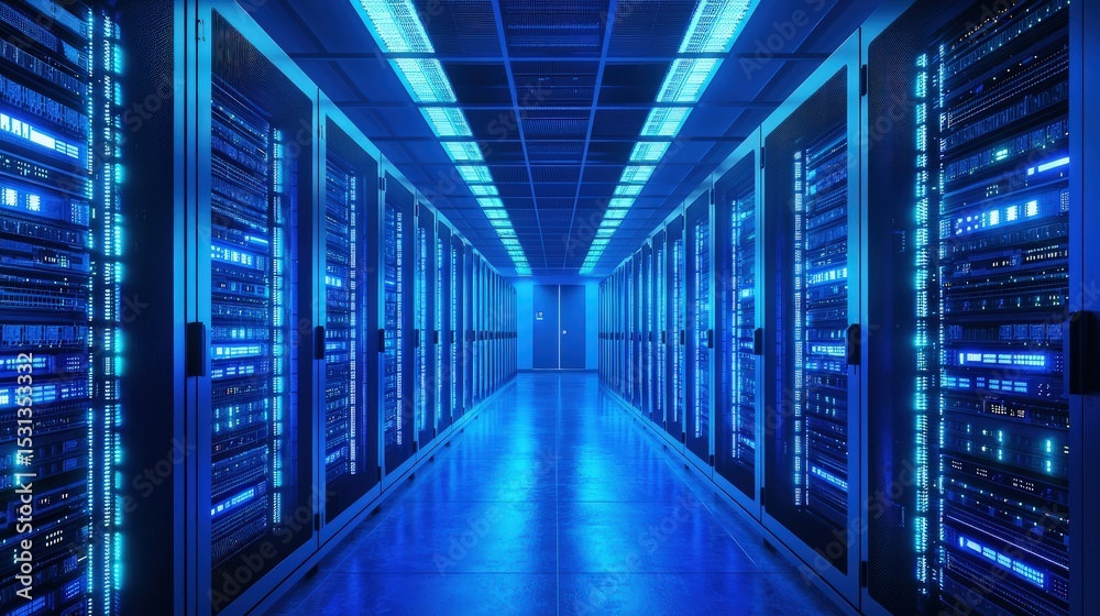 Poster Highly illuminated data center hallway with glowing server racks and reflective flooring, ideal for illustrating cloud technology, IT operations, and secure data networks