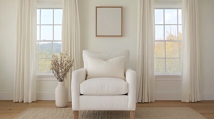 Serene Interior Scene: A Cream-Colored Armchair, Framed Artwork, Windows, and Natural Light Create a Relaxing and Airy Atmosphere.