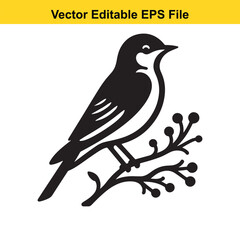 Obraz premium A black and white vector illustration of a bird perched on a branch with berries