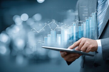 Businessman using tablet, financial data overlay