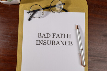Legal Paper Titled ‘Bad Faith Insurance’ Placed on Envelope with Pen – Insurance Law Concept