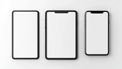 Three blank devices, a tablet and two phones,  aligned on a light background