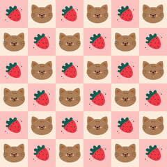 cute drawing cartoon cat and strawberry seamless pattern in patchwork style