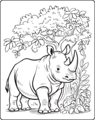  Cute cartoon rhino in jungle natural scene vector line art illustration for children coloring page design © Vect Village