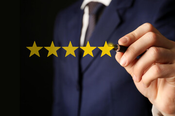 customer service digital online. concept of the satisfaction survey. 5-star rate review for consumer, positive experience of user. best feedback, testimony customer, business quality