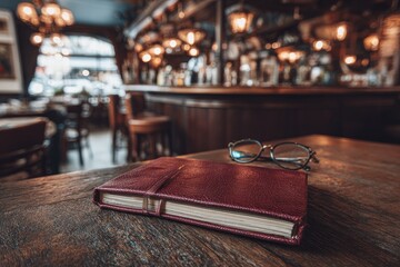 Rustic pub interior, diary and glasses on wooden table