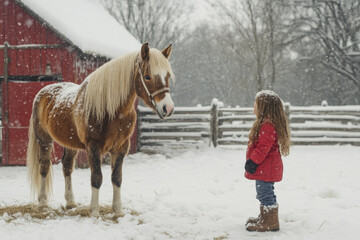 A little girl stands by a horse in snowy landscape, sharing a quiet moment of connection between human and animal amidst the serene winter backdrop.