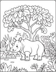 Fotobehang Cute cartoon rhino in jungle natural scene vector line art illustration for children coloring page design © Vect Village