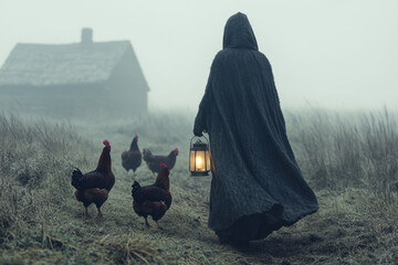 A woman in a black cloak holds a lantern as she walks through a foggy field, surrounded by chickens.