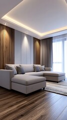Fototapeta premium Modern Interior Living Room Design with Stylish Sectional Sofa, Wooden Accent Wall, and Natural Light from Sheer Curtains.