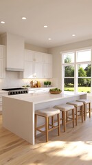 Bright, Airy Kitchen Design Featuring a Large Island, Wooden Stools, Sleek White Cabinets, and a Sunny Window Overlooking a Verdant Lawn.