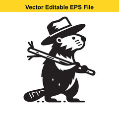 A cartoon beaver wearing a hat and carrying a stick, ready for adventure