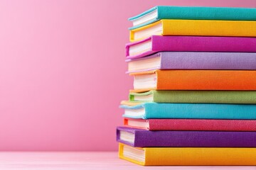 A vibrant stack of colorful books against a pink backdrop