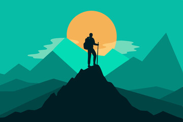 Obraz premium Silhouette of hiker on mountain peak at sunset