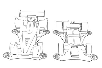 Wireframe, Depiction, Technical Drawing, Simple Line Art, Outline Illustration, Monochrome graphic showing two mini 4WD or yonku race cars. Ideal for technology, engineering, or hobby designs.