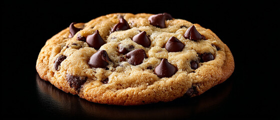 Close up studio shot of a single chocolate chip cookie on a reflective black surface with dark background