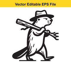 A cartoon beaver wearing a hat carries a baseball bat and a pitchfork