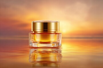 Golden cream jar on a sunset sea