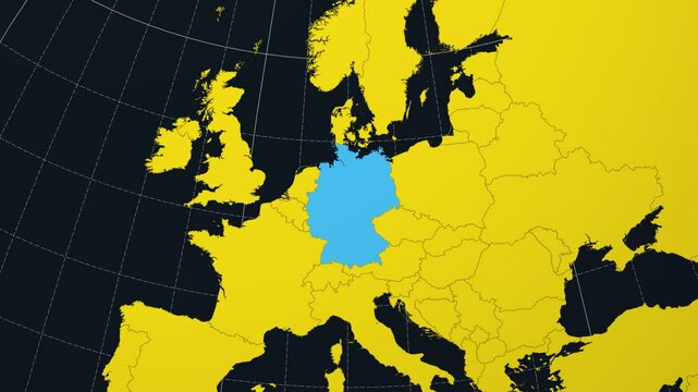 Germany on Globe. Animated zoom into the country view on the world map in Charcoal Bright Yellow color palette. Globe with meridians, parallels. Vibrant video.