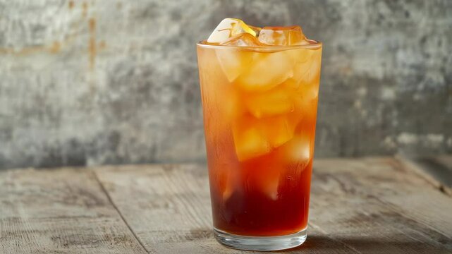 Refreshing iced tea pouring into a tall glass on rustic wooden surface