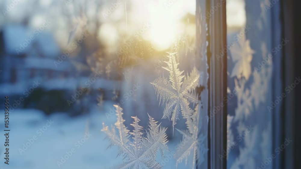 Poster a close-up view of a window with frost forming on the glass, perfect for winter or cold weather scen