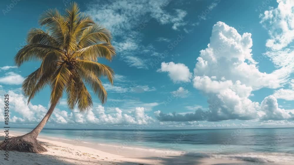 Poster a single palm tree stands alone on a deserted beach