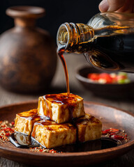 Pouring sauce over stacked tofu cubes on a wooden plate with spices and a bottle in the background