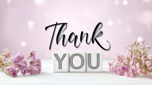 Thank You in large font on white cubes surrounded by pink gypsophila flowers on a soft pink background with bokeh. Ideal for cards, thank you and congratulations.