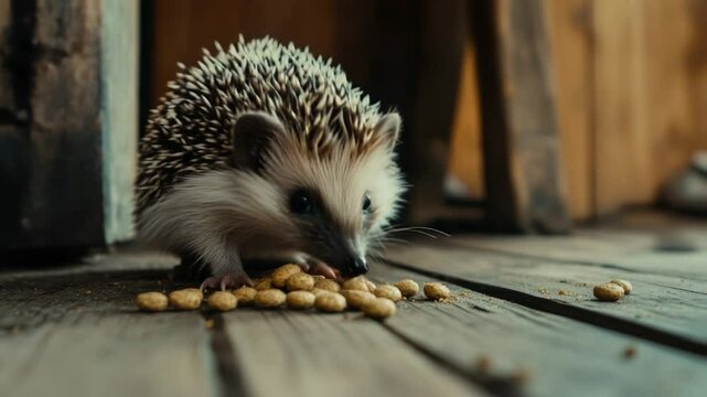 A hedgehog munching on peanuts on a wooden floor