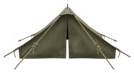 A simplistic khaki-colored camping tent is seen centered on a black background with guy ropes
