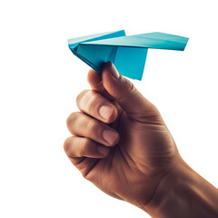 Hand Holding Floating Paper Airplane Isolated on Transparent Background