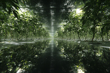 A long view down a greenhouse aisle with rows of green plants and a reflective ceiling above them all