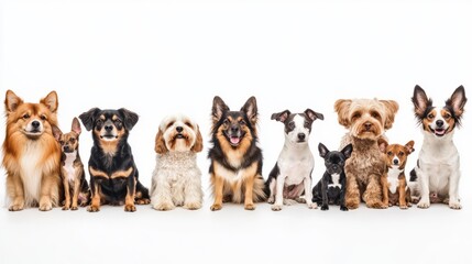 Lineup of various dog breeds sitting obediently side by side, clean studio setting, white background, playful expressions, professional pet photography, celebrating dog diversity