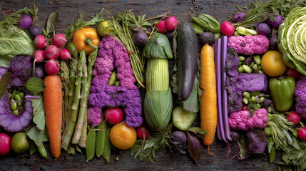 A vibrant assortment of colorful vegetables arranged artistically on a rustic wooden surface display