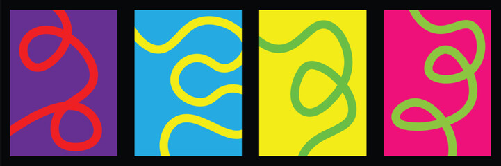 Organic curvy stripe poster collection. Abstract stylish 70s curvy line retro poster design. Abstract wavy line playful minimalistic background. Set of colorful background with wavy line in flat style