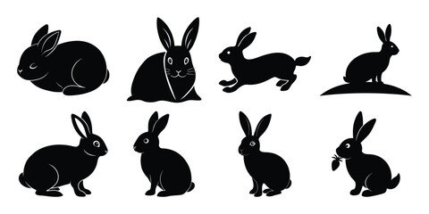 A Vector Silhouette Set of Cute Rabbits in Various Poses
on white background 