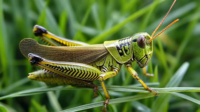 Grasshopper hopping on lush green foliage in high resolution macro footage