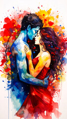 Expressive Watercolor Painting of Embracing Couple