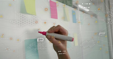 Hand entering holding pink marker drawing strokes near sticky notes capturing data via overlay - Powered by Adobe