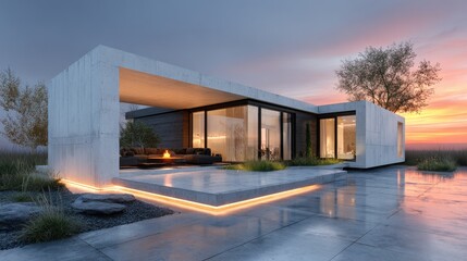Obraz premium Modern Minimalist Concrete House with Sunset Lighting and Wet Ground Reflection