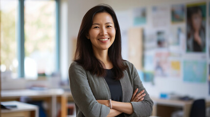 Confident female teacher smiling in classroom with posters