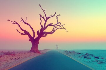 Lonely desert road at sunrise