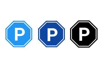 Blue and Dark Blue Octagon Parking Icons – White P Symbol on Black Background PNG
