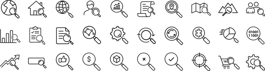 Search outline icons set. The set contains icons:  Magnifier, Big Data Analizing, Document Searching, Idea Search, map Search