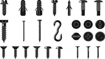 A black and white illustration of a screw with a flat head and a pointed tip on a white background